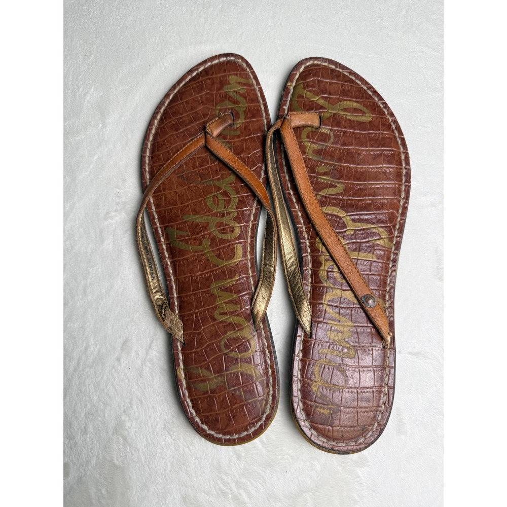Sam Edelman Gracie Brown Croc Embossed Leather Flip Flop Sandals Womens 10M